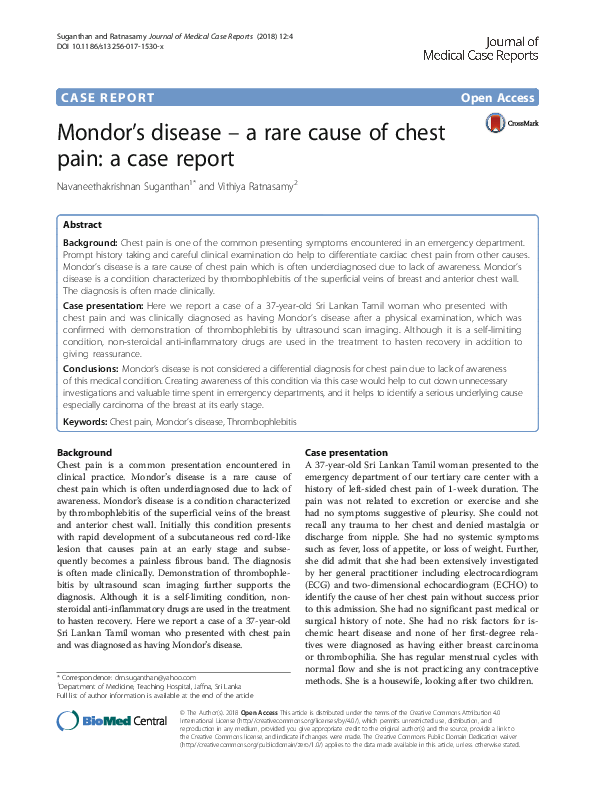 (PDF) Mondor’s disease – a rare cause of chest pain: a case report