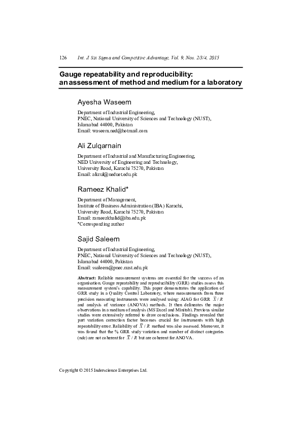 (PDF) Gauge Repeatability and Reproducibility Assessment: pH Meter for ...