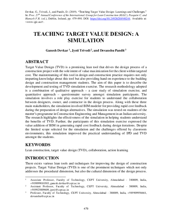 (PDF) Teaching Target Value Design: A Simulation
