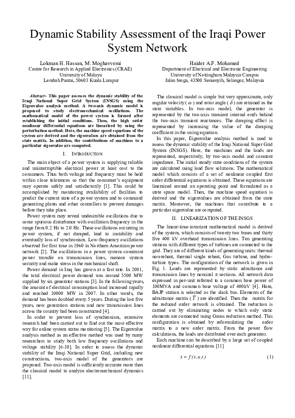 (PDF) Dynamic stability assessment of the Iraqi power system network