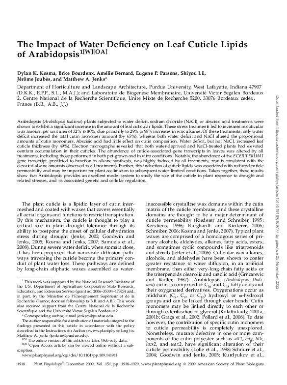 (PDF) The Impact of Water Deficiency on Leaf Cuticle Lipids of Arabidopsis