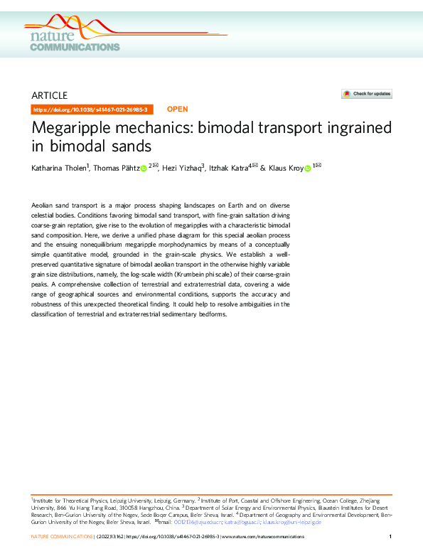 (PDF) Megaripple mechanics: bimodal transport ingrained in bimodal sands