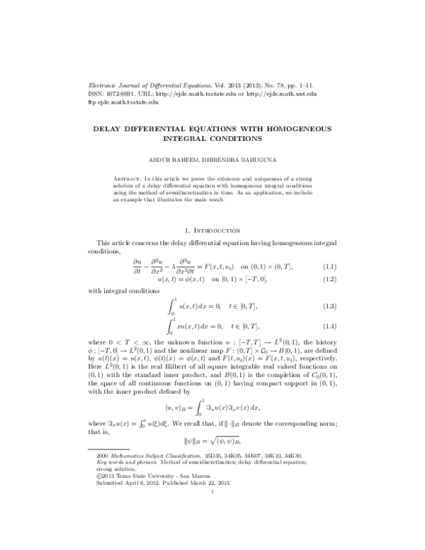 (PDF) Delay differential equations with homogeneous integral conditions