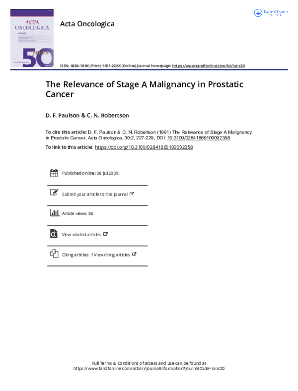 (PDF) The Relevance of Stage A Malignancy in Prostatic Cancer