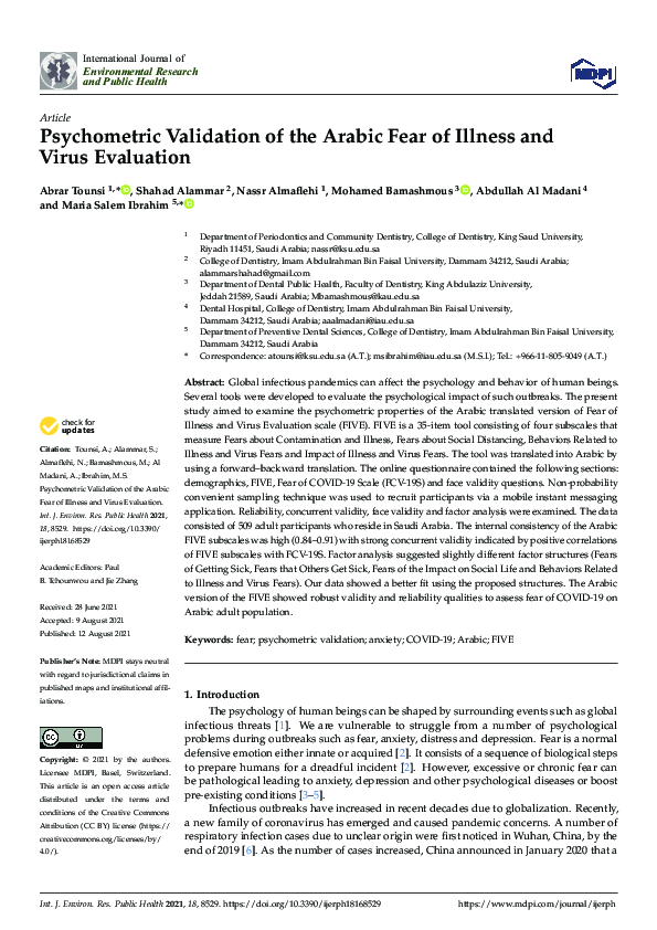 (PDF) Psychometric Validation of the Arabic Fear of Illness and Virus ...