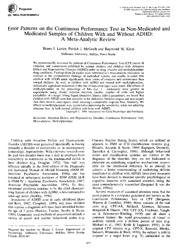 (PDF) Error Patterns on the Continuous Performance Test in Non ...
