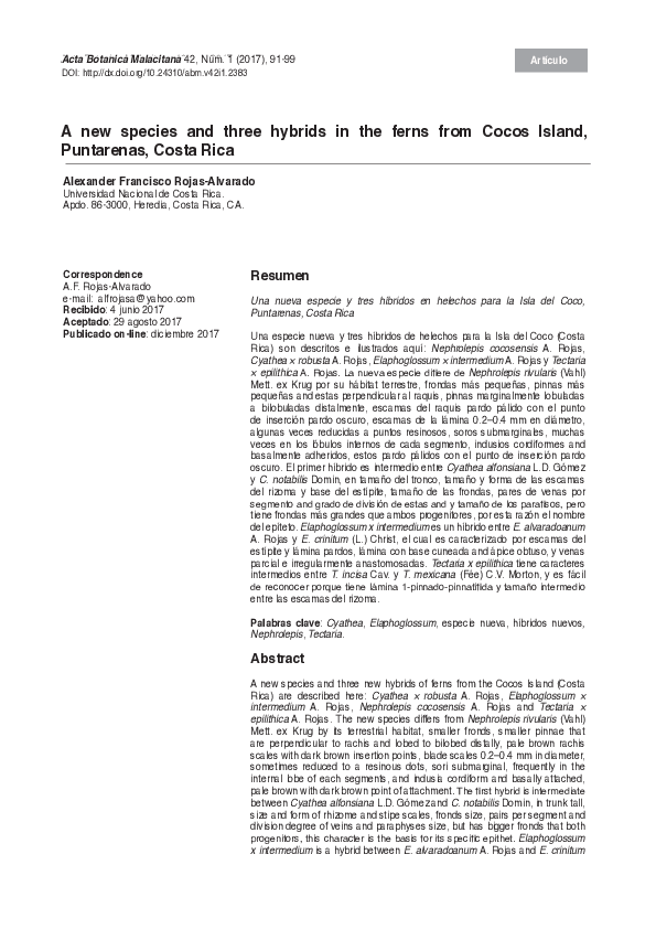 (PDF) A new species and three hybrids in the ferns from Cocos Island ...