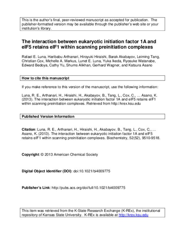 (PDF) The Interaction between Eukaryotic Initiation Factor 1A and eIF5 ...