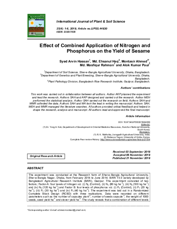 (PDF) Effect of Combined Application of Nitrogen and Phosphorus on the ...