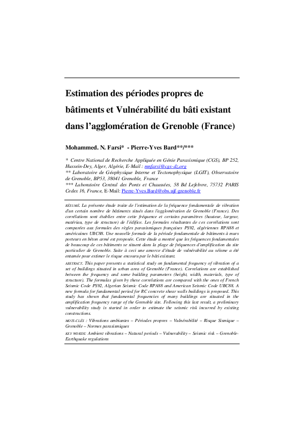 (PDF) Estimation des périodes propres de bâtiments et vulnérabilité du ...