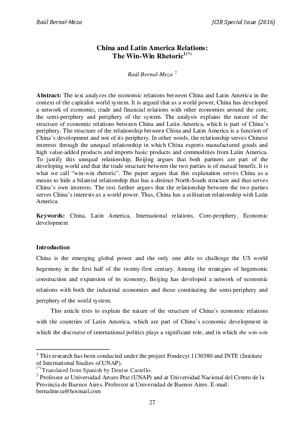 (PDF) China and Latin America Relations: The Win-Win Rhetoric