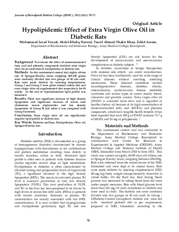 (PDF) Hypolipidemic Effect of Extra Virgin Olive Oil in Diabetic Rats