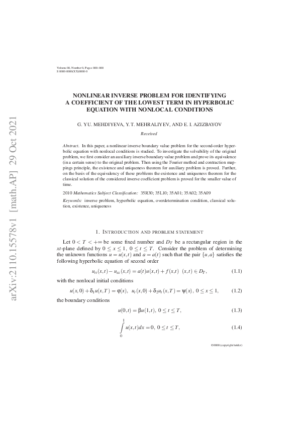 (PDF) Nonlinear inverse problem for identifying a coefficient of the ...