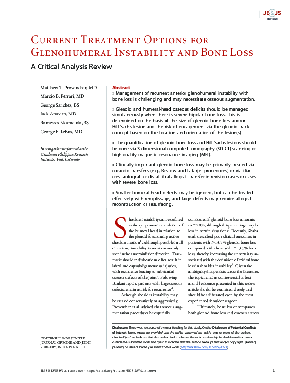 (PDF) Current Treatment Options for Glenohumeral Instability and Bone Loss