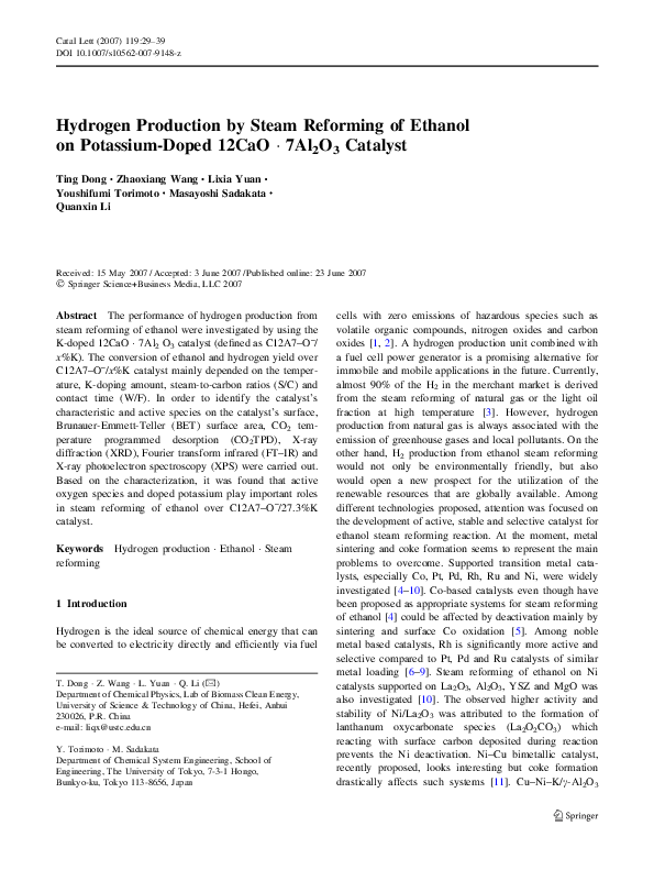 (PDF) Hydrogen Production by Steam Reforming of Ethanol on Potassium ...