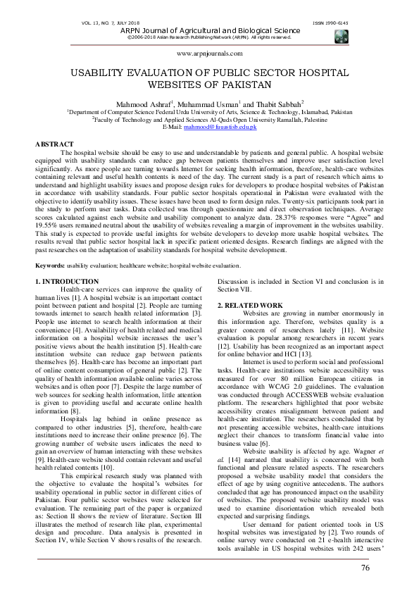 (PDF) Usability Evaluation of Public Sector Hospital Websites of Pakistan