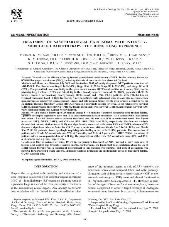 (PDF) Treatment of nasopharyngeal carcinoma with intensity-modulated ...