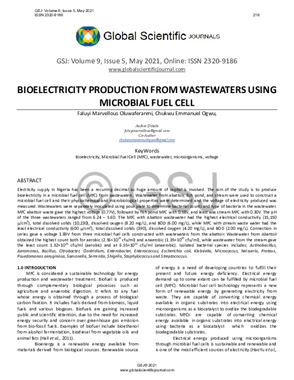 (PDF) BIOELECTRICITY PRODUCTION FROM WASTEWATERS USING MICROBIAL FUEL CELL