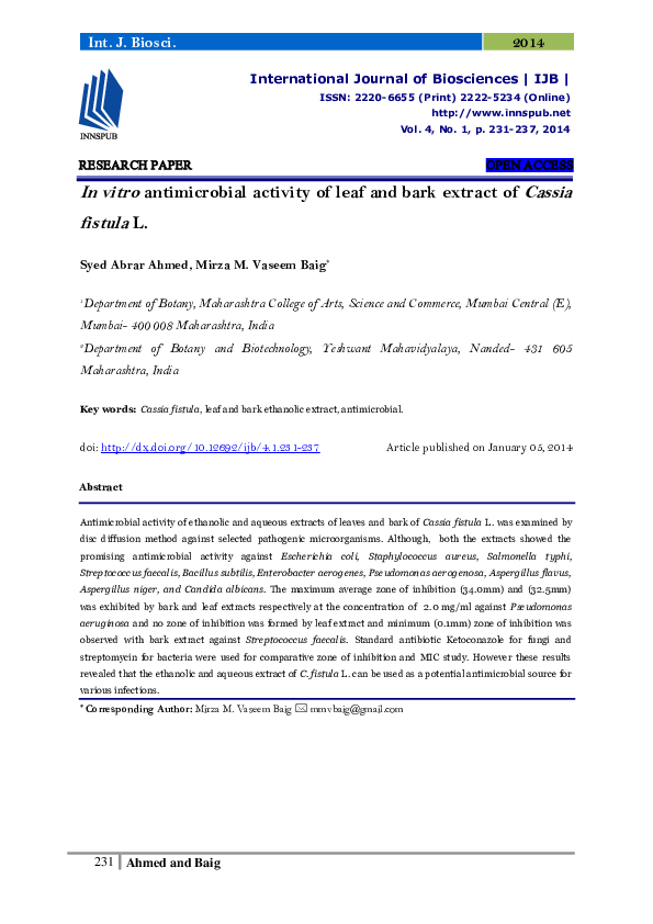 (PDF) In vitro antimicrobial activity of leaf and bark extract of ...