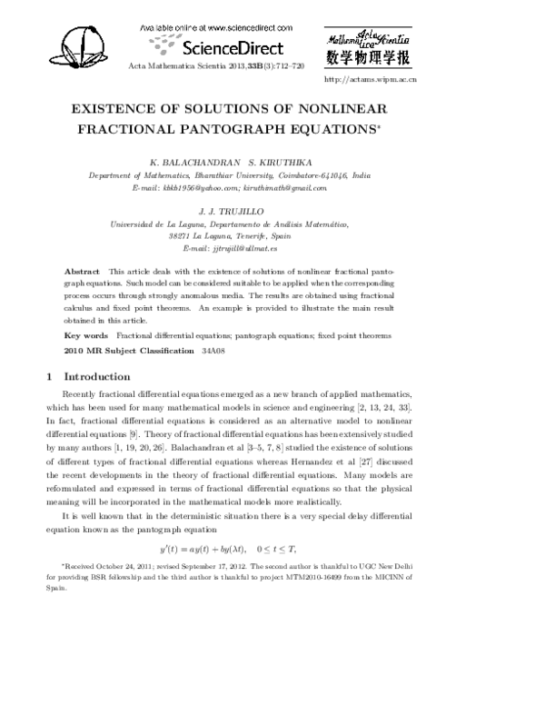 (PDF) Existence of solutions of nonlinear fractional pantograph equations