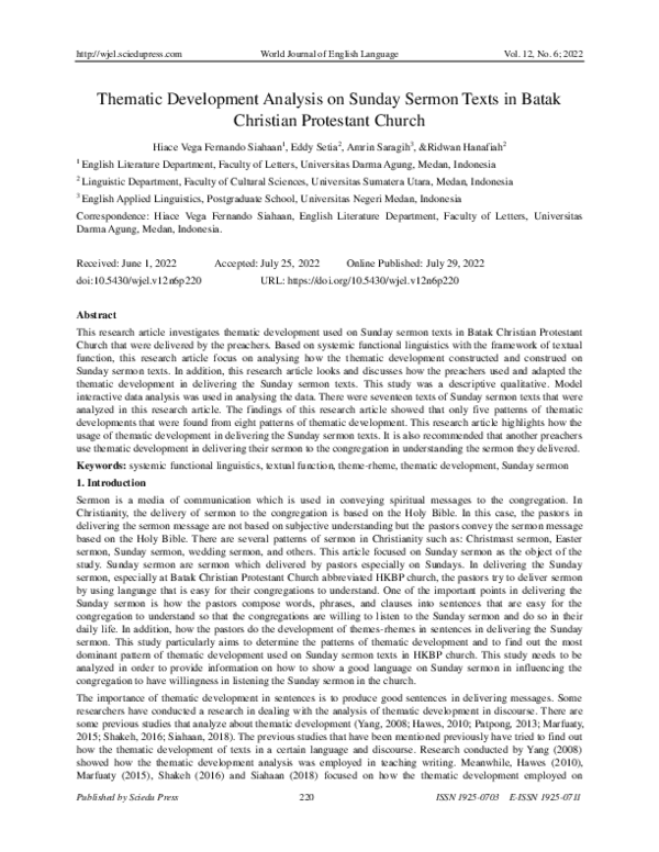 (PDF) Thematic Development Analysis on Sunday Sermon Texts in Batak ...