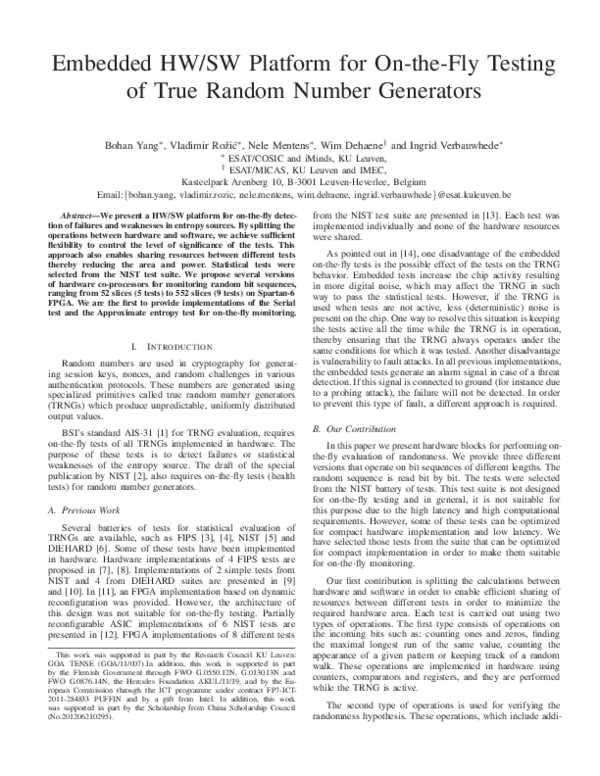 (PDF) Embedded HW/SW Platform for On-the-Fly Testing of True Random ...