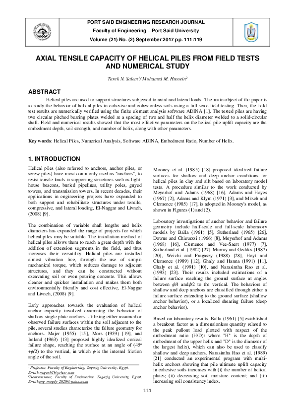 (PDF) Axial Tensile Capacity of Helical Piles from Field Tests and ...