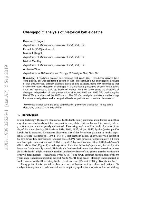 (PDF) Change point analysis of historical battle deaths