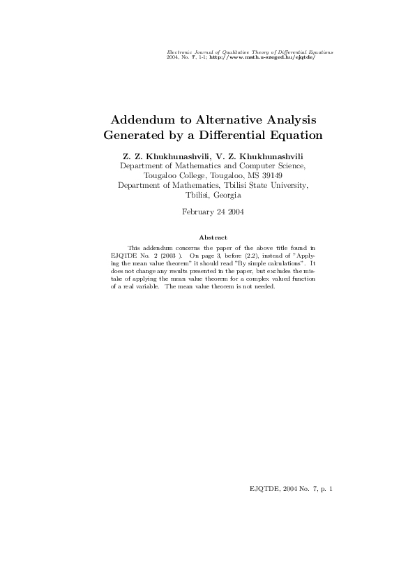 (PDF) Addendum to Alternative analysis generated by a differential equation