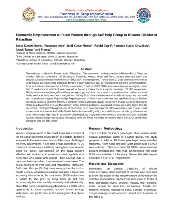 (PDF) Economic Empowerment of Rural Women through Self Help Group in ...