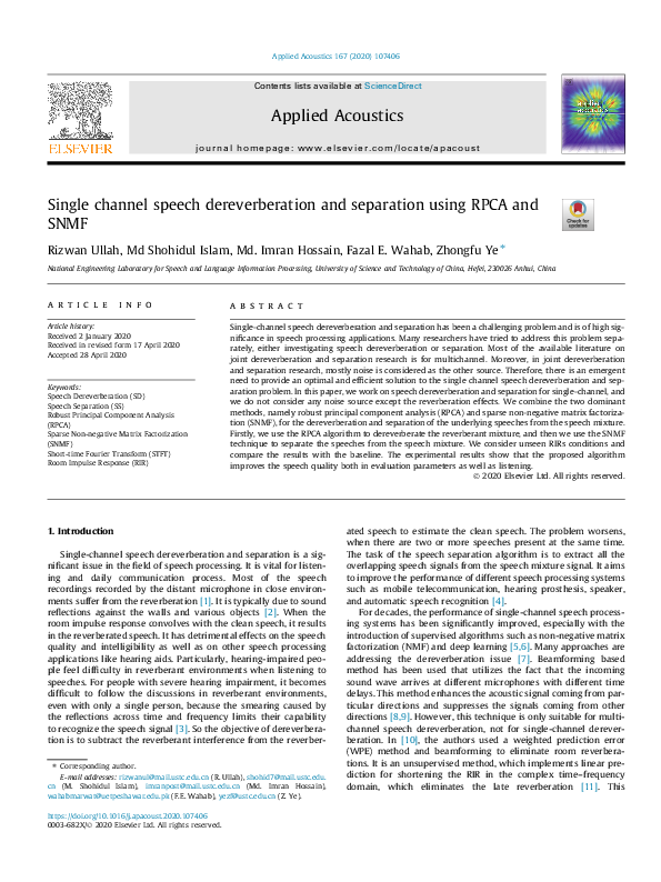 (PDF) Single channel speech dereverberation and separation using RPCA ...