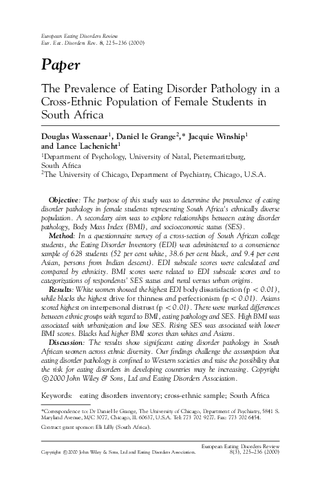 (PDF) The prevalence of eating disorder pathology in a cross-ethnic ...