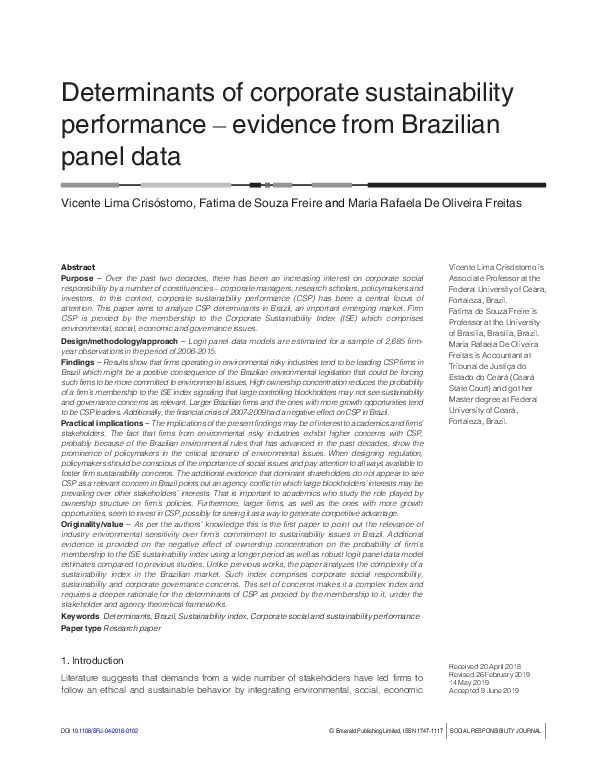 (PDF) Determinants of corporate sustainability performance in emerging ...