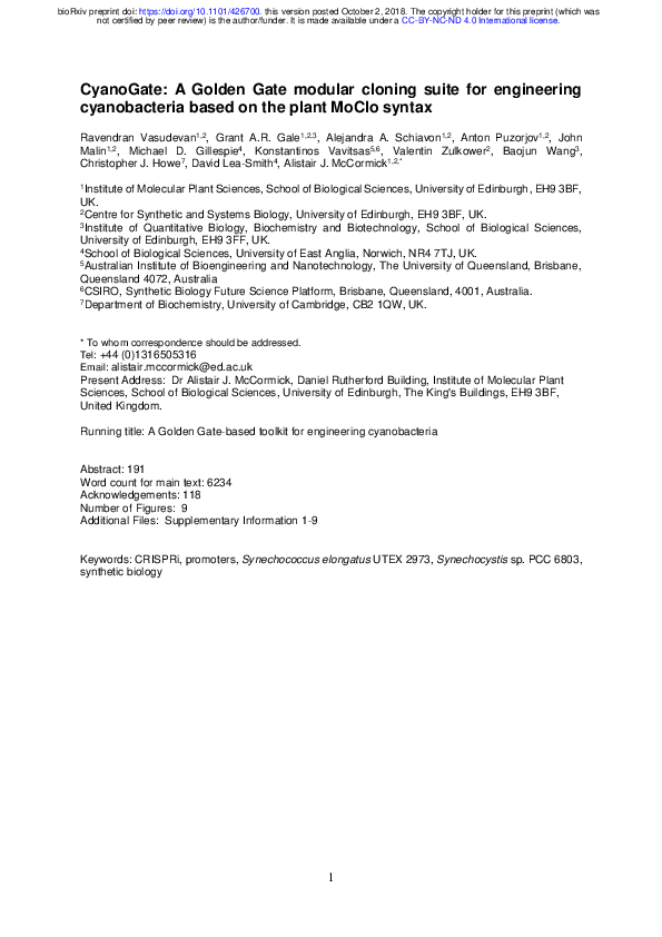 (PDF) CyanoGate: A Golden Gate modular cloning suite for engineering ...