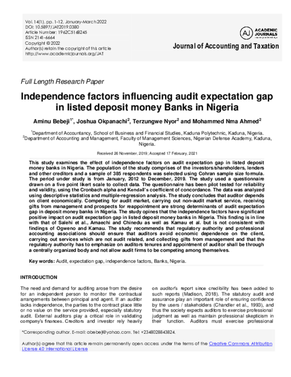(PDF) Independence factors influencing audit expectation gap in listed