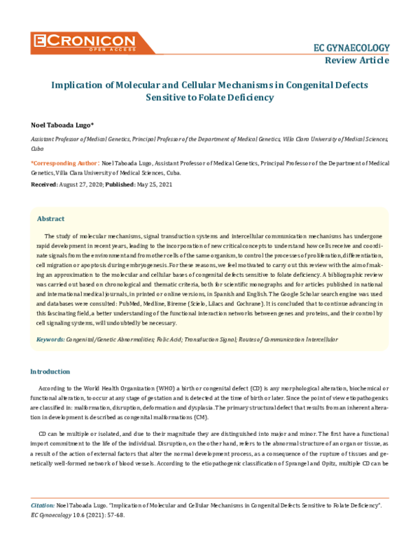(PDF) Implication of Molecular and Cellular Mechanisms in Congenital ...