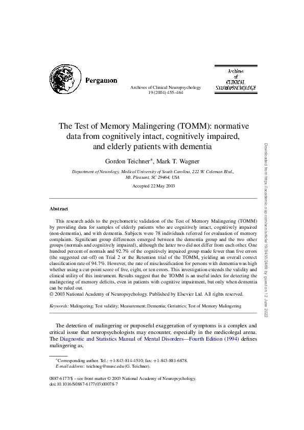 (PDF) The Test of Memory Malingering (TOMM): normative data from ...