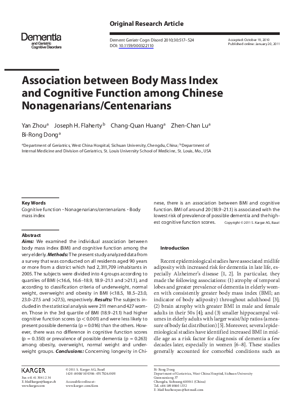 (PDF) Association between Body Mass Index and Cognitive Function among ...