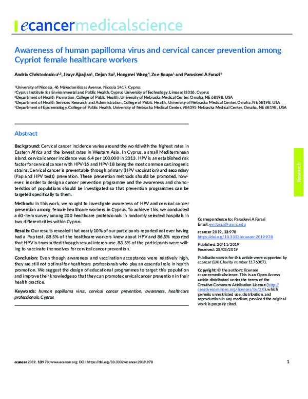 (PDF) Awareness of human papilloma virus and cervical cancer prevention ...