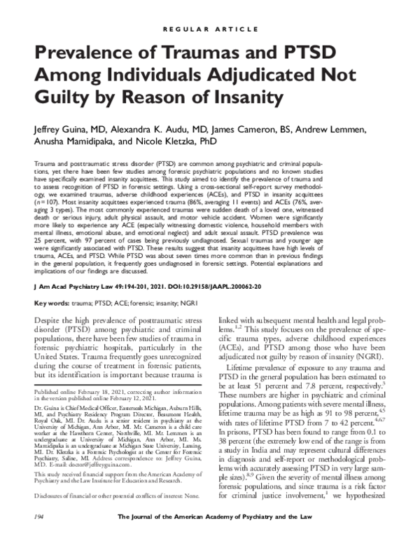(PDF) Prevalence of Traumas and PTSD Among Individuals Adjudicated Not ...