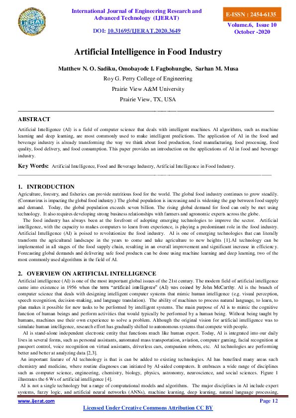 (PDF) Artificial Intelligence in Food Industry