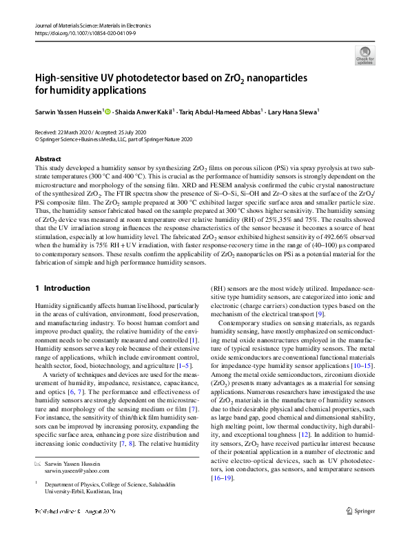 (PDF) High-sensitive UV photodetector based on ZrO2 nanoparticles for ...