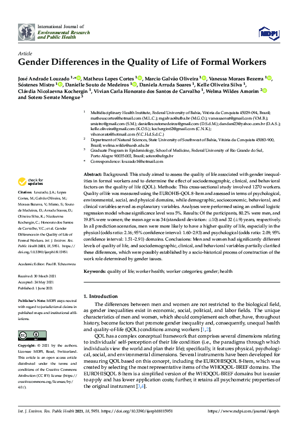 (PDF) Gender Differences in the Quality of Life of Formal Workers