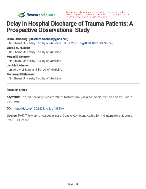 (PDF) Delay in Hospital Discharge of Trauma Patients: A Prospective ...