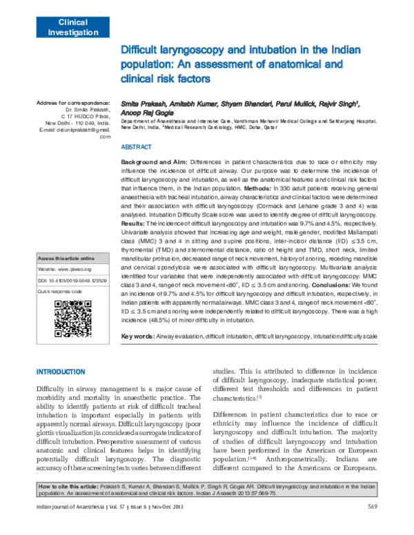 (PDF) Difficult laryngoscopy and intubation in the Indian population An assessment of