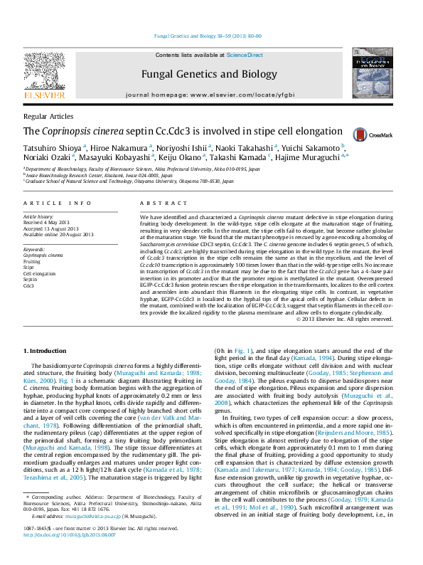 (PDF) The Coprinopsis cinerea septin Cc.Cdc3 is involved in stipe cell ...