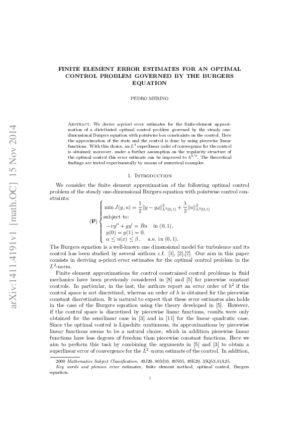 (PDF) Finite element error estimates for an optimal control problem ...