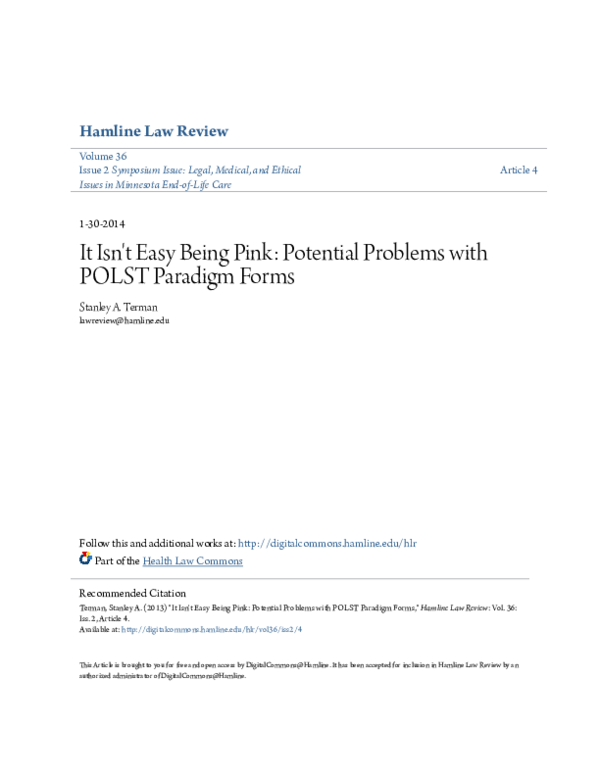 (PDF) It Isn't Easy Being Pink: Potential Problems with POLST Paradigm ...