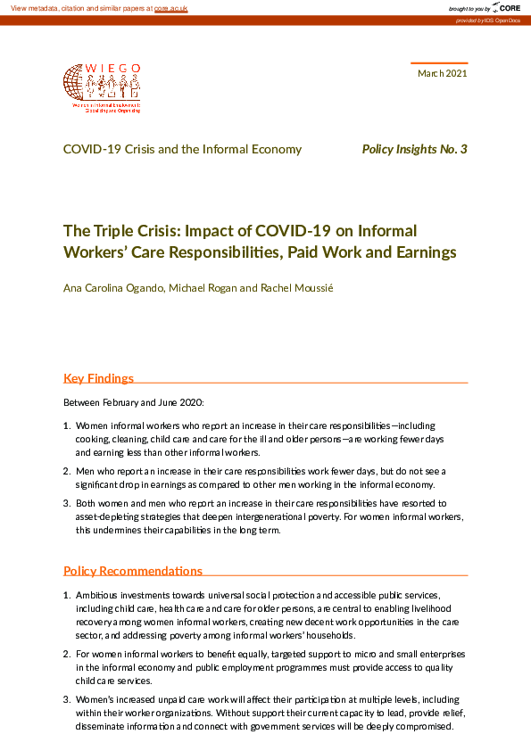 (PDF) The Triple Crisis: Impact of COVID-19 on Informal Workers’ Care ...