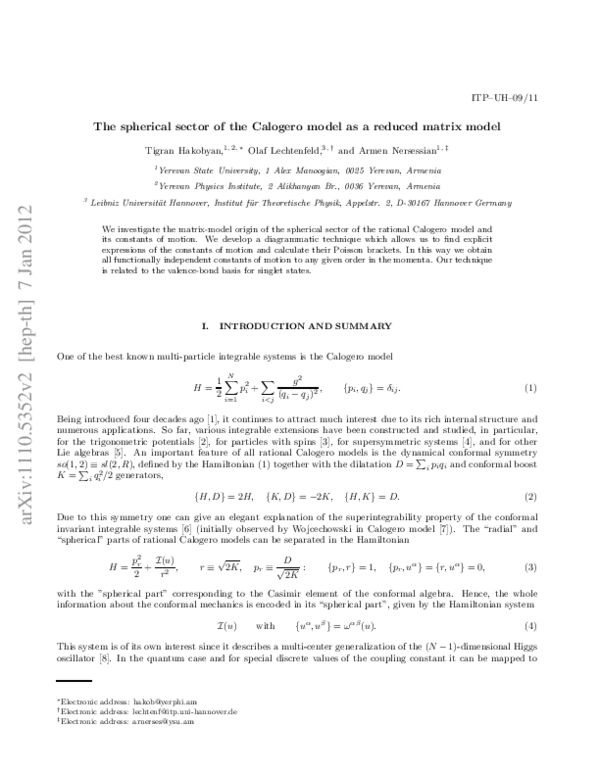 (PDF) The spherical sector of the Calogero model as a reduced matrix model